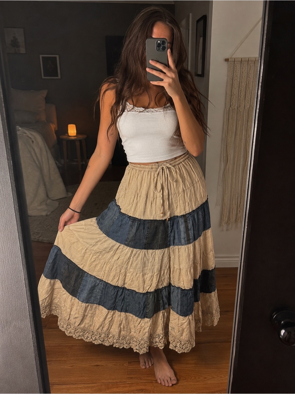 Young Threads Bohemian Patchwork Maxi Skirt - Blue and Cream